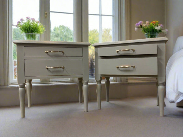 French style shabby chic solid oak bedside cabinets with two dovetailed drawers. Handcrafted in Derbyshire.
