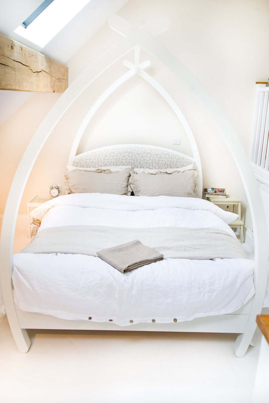 White four poster bed, beautiful minimal wooden handcrafted bed