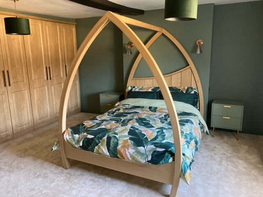 Light Oak Four Poster Bed - Very natural light modern wooden four poster bed with curved bentwood posts, superior quality.