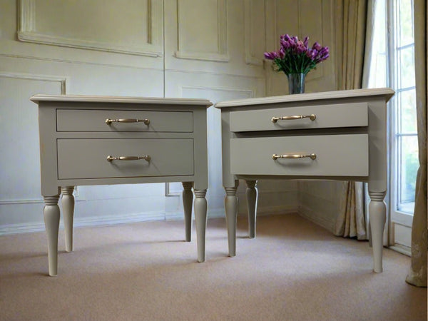 French style painted bedside tables with drawers. Solid oak, turned legs. Lifetime artisan nightstand to match Abowed French bed.