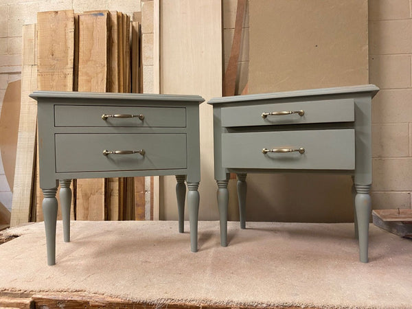 French style painted bedside tables with drawers. Solid oak, turned legs. Lifetime artisan nightstand to match Abowed French bed.