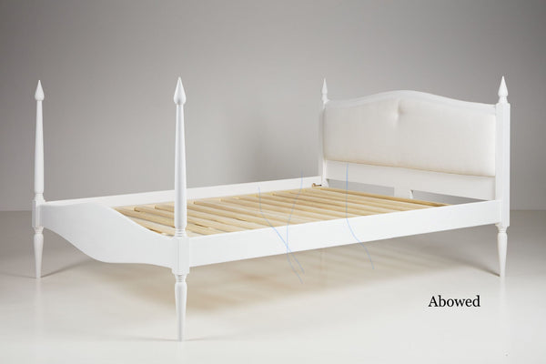 White french bed frame, tall turned bed posts, candle shaped finials at the top of the bed posts, graceful elegant french bed design. Extremely strong slatted bed slats, hardwood and mortise and tenon construction. Turned bed feet, very sleek.