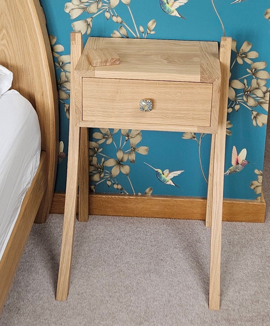 Solid oak bedside, fine bentwood curved oak legs, artisan bedside cabinet made bespoke handmade by Abowed. Single drawer, fine oak legs, beautiful solid oak.