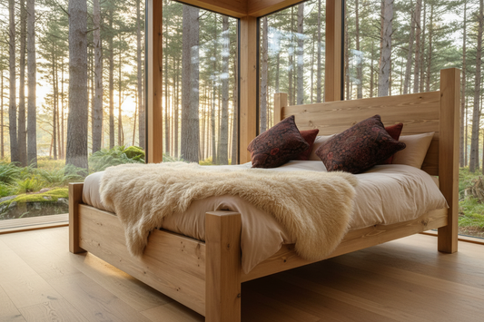 Pine Planked Bed in a luxury woodland retreat
