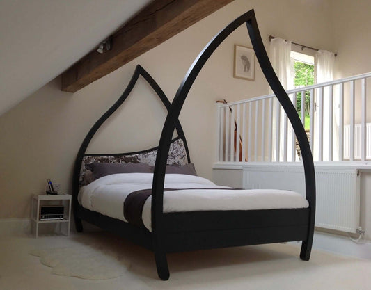 Modern black four poster bed upholstered velvet  silver headboard  headboard, unique high post wooden bed, 