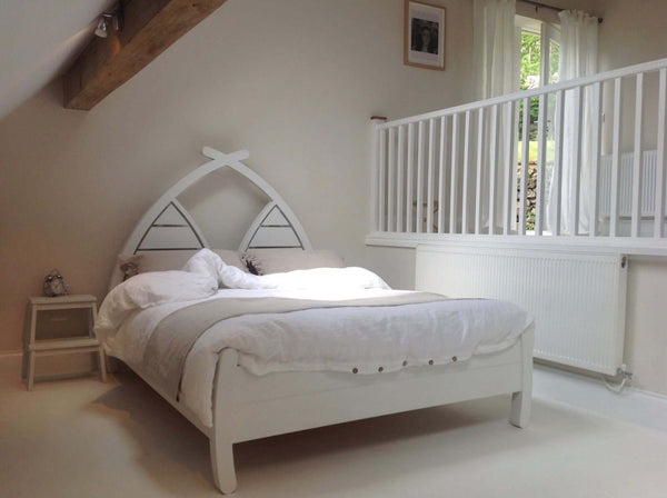 Modern wooden bed white planked curved headboard