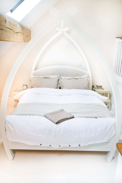 White four poster bed, beautiful  minimal wooden handcrafted bed