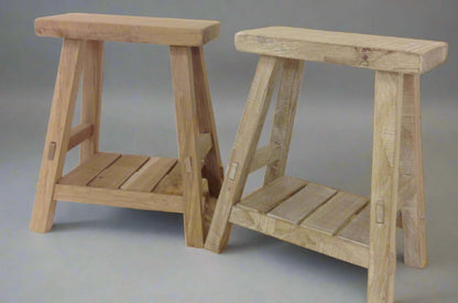 Old oak stools, milking stool, new stool made in an antique old stool style.