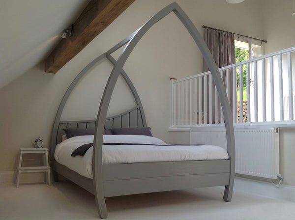 Wooden four poster bed painted grey