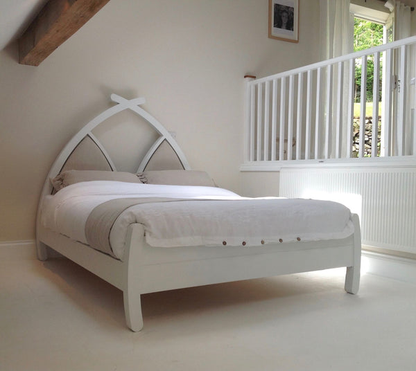 Unique White wooden bed with upholstered headboard, steam bent arched bed frame