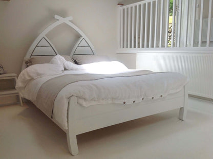 White painted wooden bedframe with arched headboard , handmade in UK