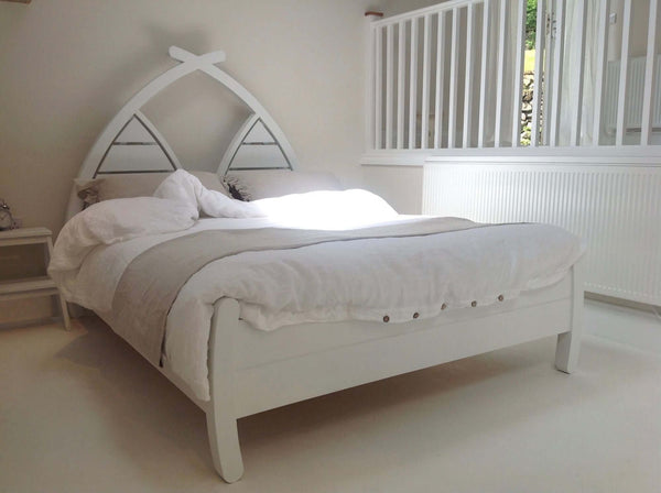 White painted wooden bedframe with arched headboard , handmade in UK